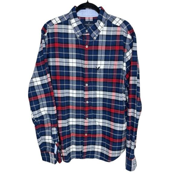 American Eagle Red White Blue Cotton Plaid Button Down Large - Picture 1 of 5